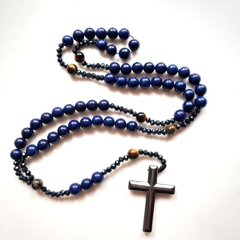 Christianartworkshop Cross of 4*8 mm Round Blue Hematite Bluestone Nylon Cord Rosary