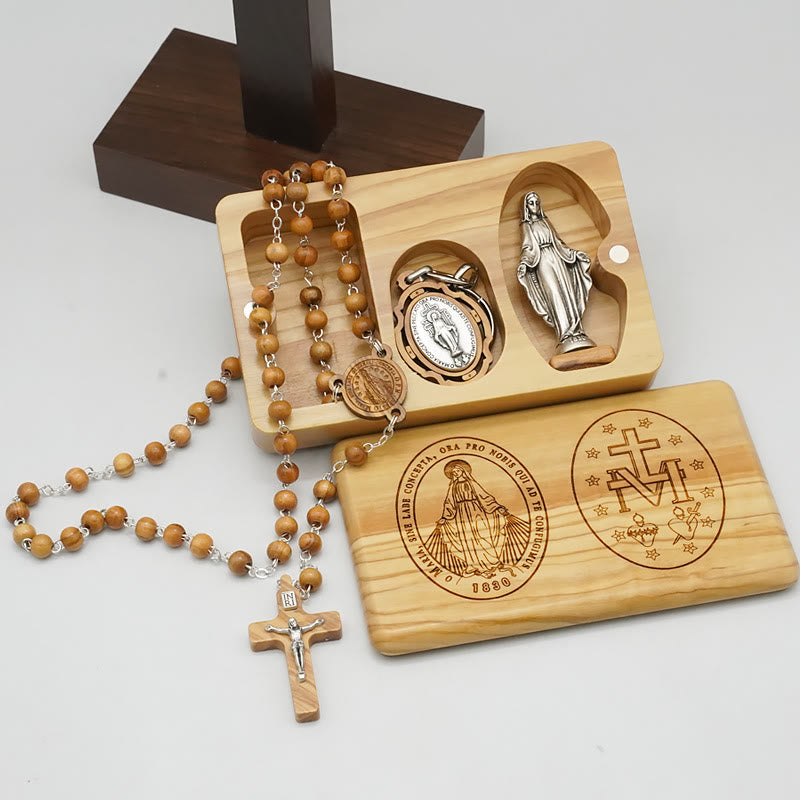 Virgin Mary Olive Wood Rosary Set – Classic 5-Decade Rosary with