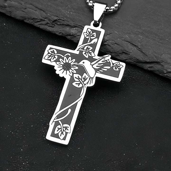 Christianartworkshop Modern Style Hummingbird Floral Vines Cross Pendant Necklace