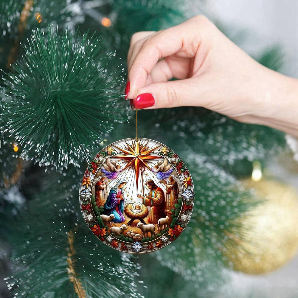 Nativity Scene Christmas Ornament Stained Glass Style - Personalized A Nativity Scene Christmas Ornament Stained Glass Style - Personalized A