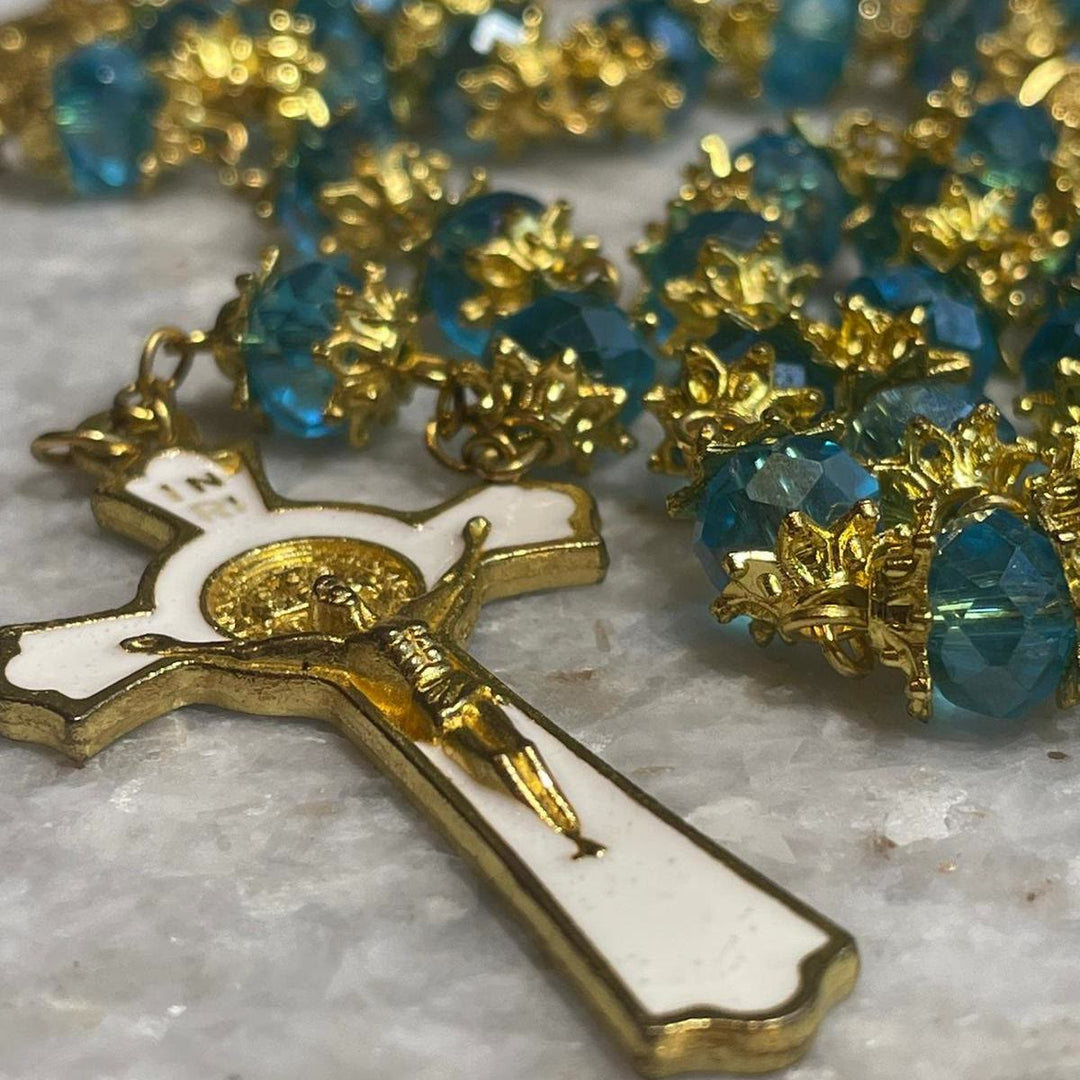 Miraculous Medal & Crucifix of 6 mm Polyhedron Blue Acrylic Alloy Chain Rosary