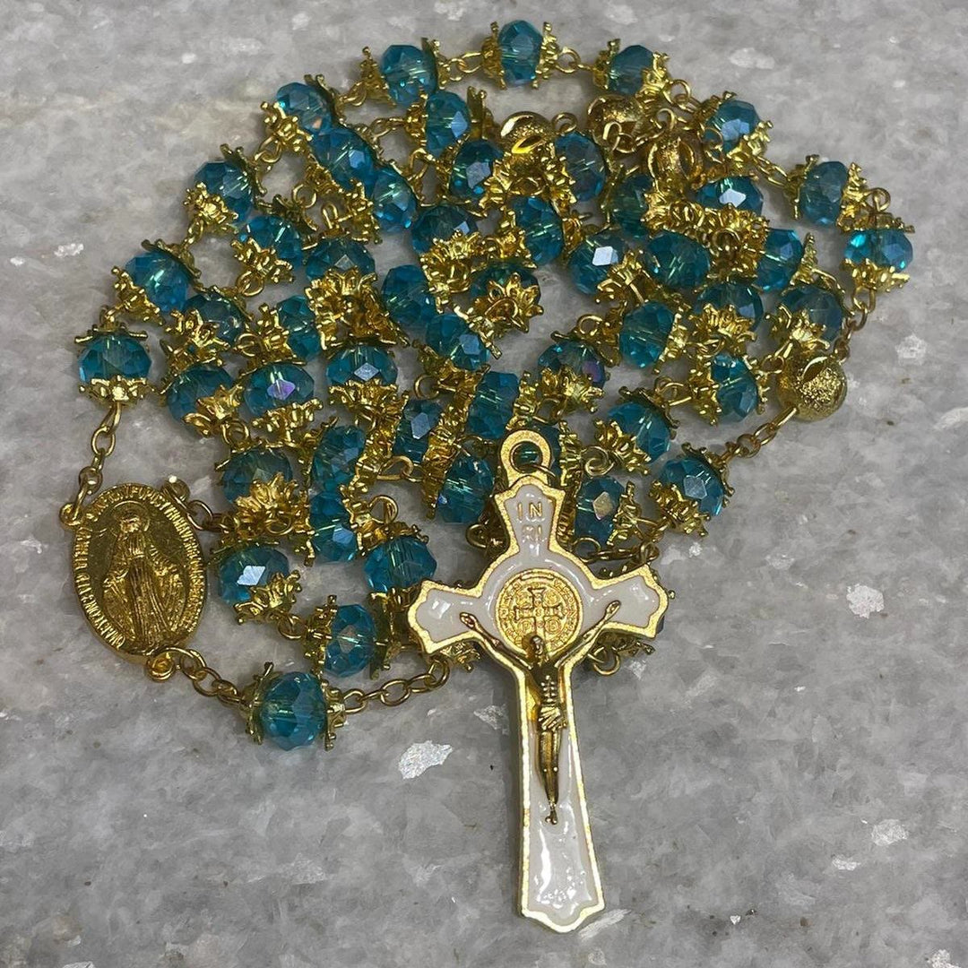 Miraculous Medal & Crucifix of 6 mm Polyhedron Blue Acrylic Alloy Chain Rosary