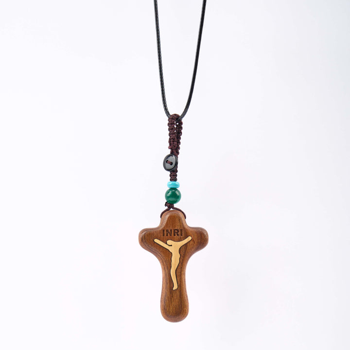 Christianartworkshop Minimalist Style Sandalwood & Boxwood Jesus Cross Amulet Pendant Keychain/Necklace