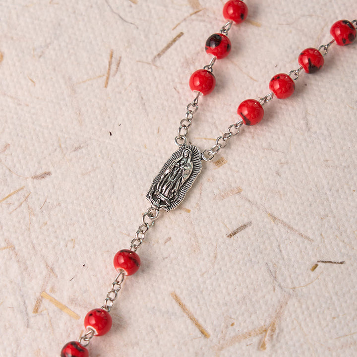 Christianartworkshop Our Lady of Guadalupe & Crucifix of 8 mm Round Red Ceramics Alloy Chain Rosary