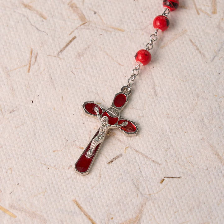 Christianartworkshop Our Lady of Guadalupe & Crucifix of 8 mm Round Red Ceramics Alloy Chain Rosary