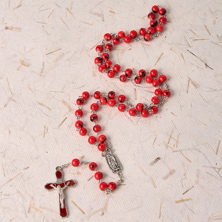 Christianartworkshop Our Lady of Guadalupe & Crucifix of 8 mm Round Red Ceramics Alloy Chain Rosary