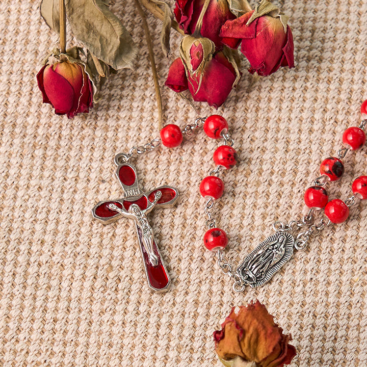 Christianartworkshop Our Lady of Guadalupe & Crucifix of 8 mm Round Red Ceramics Alloy Chain Rosary