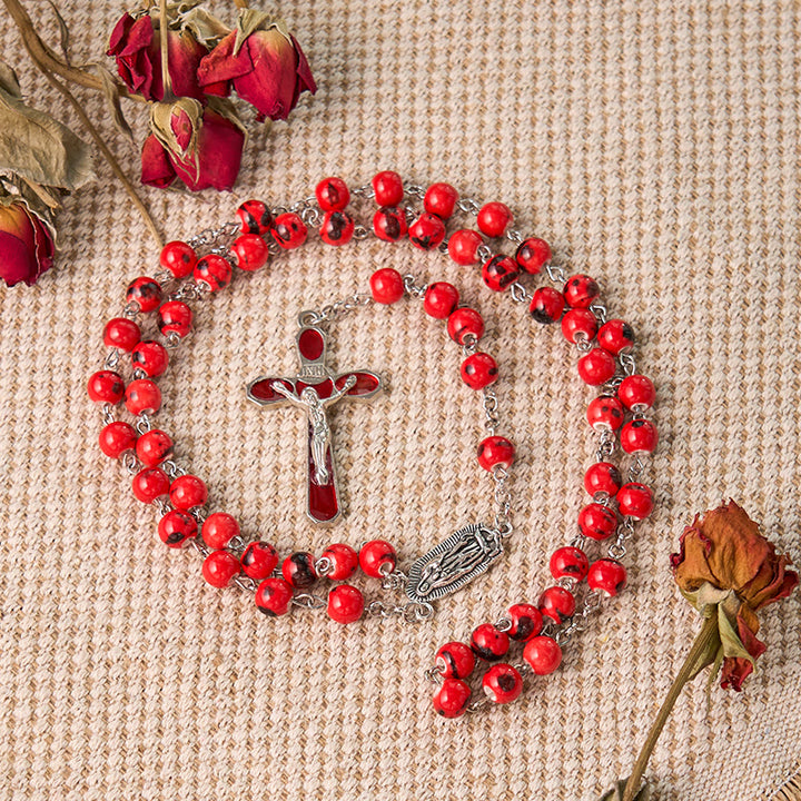 Christianartworkshop Our Lady of Guadalupe & Crucifix of 8 mm Round Red Ceramics Alloy Chain Rosary