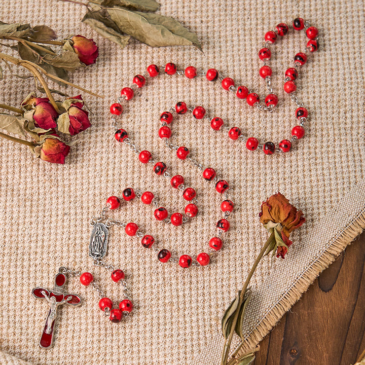 Christianartworkshop Our Lady of Guadalupe & Crucifix of 8 mm Round Red Ceramics Alloy Chain Rosary