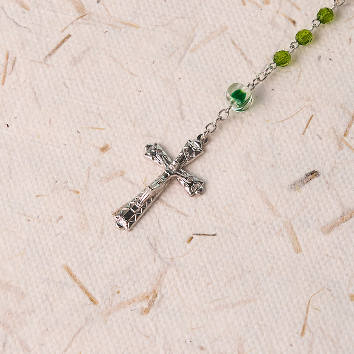 Christianartworkshop Assumption of Virgin Mary & Crucifix of 6 mm Polyhedron Green Crystal Alloy Chain Rosary