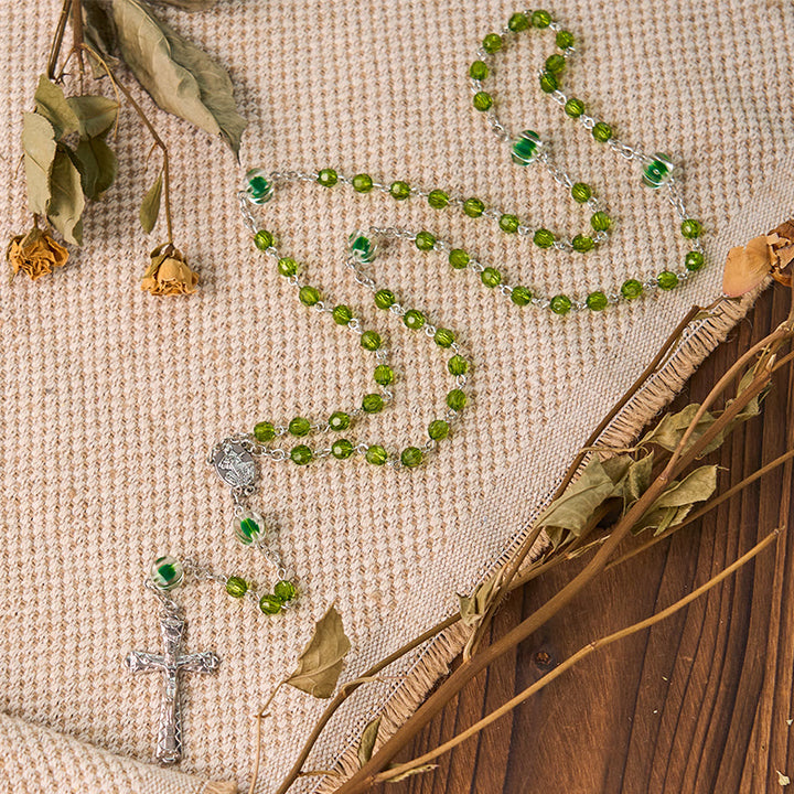 Christianartworkshop Assumption of Virgin Mary & Crucifix of 6 mm Polyhedron Green Crystal Alloy Chain Rosary