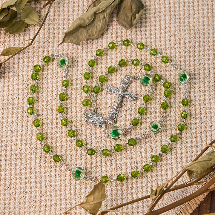 Christianartworkshop Assumption of Virgin Mary & Crucifix of 6 mm Polyhedron Green Crystal Alloy Chain Rosary