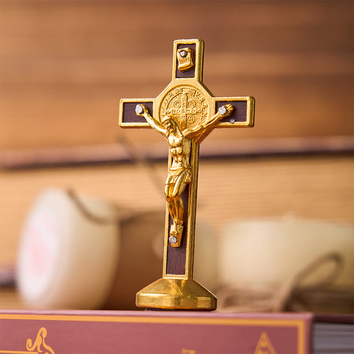 FREE Today: European Classical Traditional Wood Inlaid Alloy St. Benedict Cross Ornament - Golden - image 2