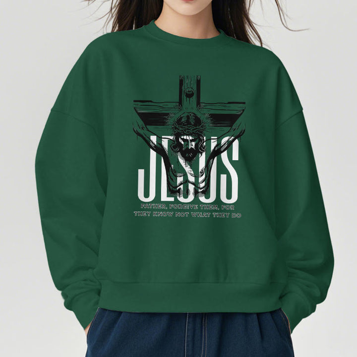 Christianartworkshop Classic Style Father Forgive Them Crucifix Fleece Lined Polyester Sweatshirt