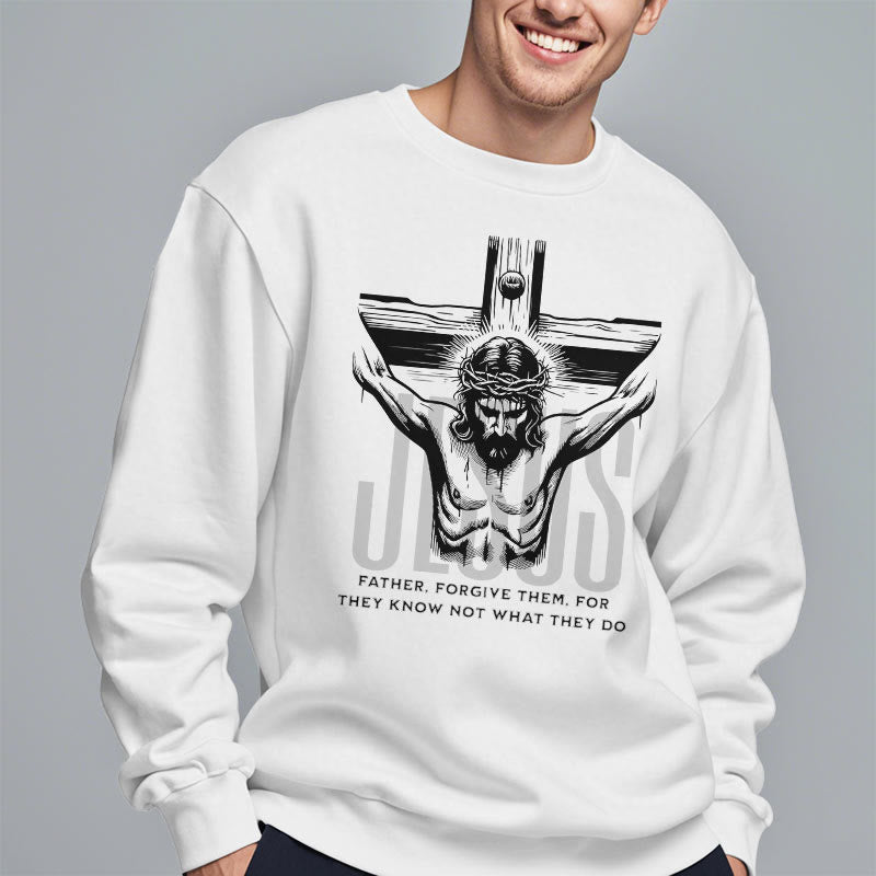 Christianartworkshop Classic Style Father Forgive Them Crucifix Fleece Lined Polyester Sweatshirt