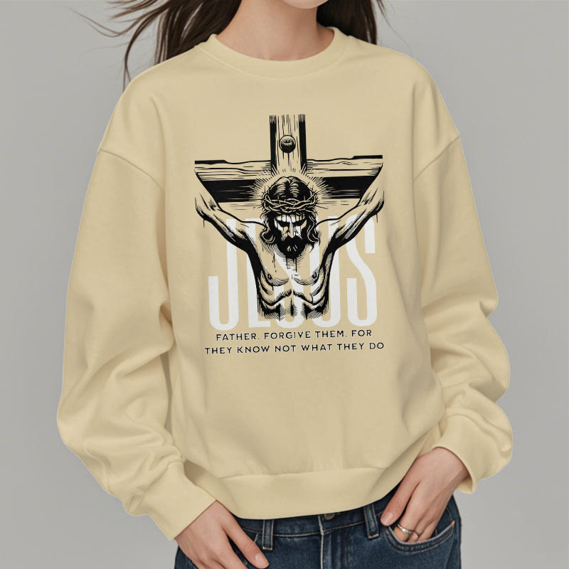 Christianartworkshop Classic Style Father Forgive Them Crucifix Fleece Lined Polyester Sweatshirt