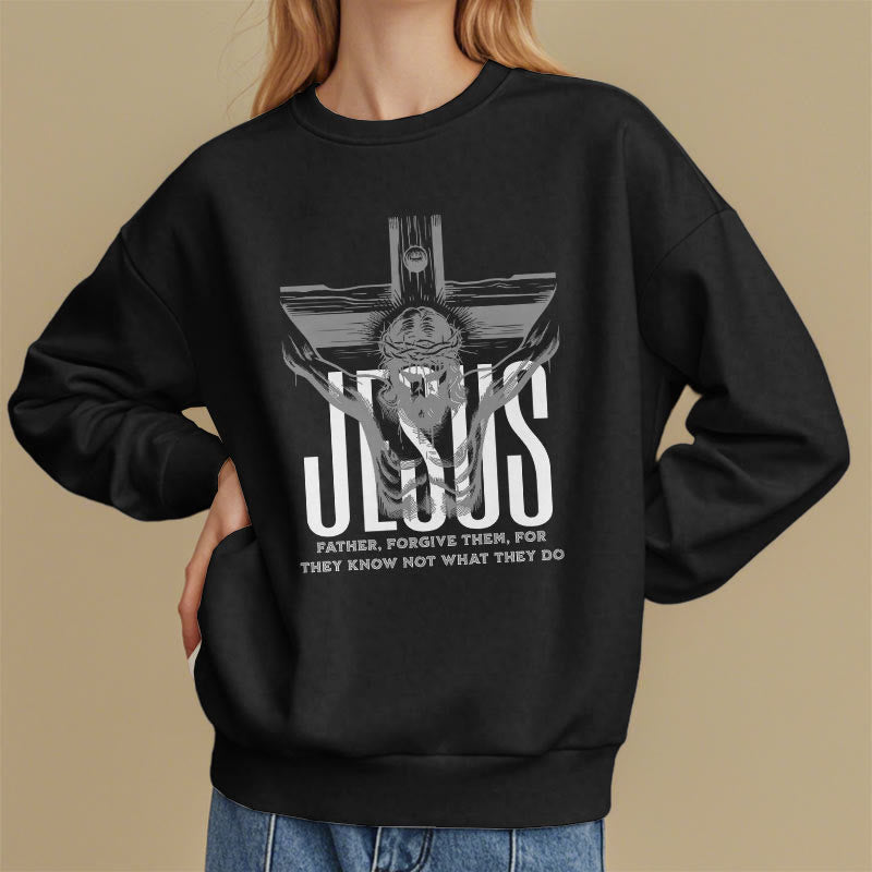 Christianartworkshop Classic Style Father Forgive Them Crucifix Fleece Lined Polyester Sweatshirt