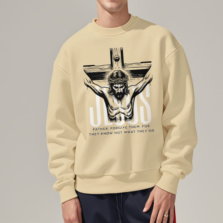 Christianartworkshop Classic Style Father Forgive Them Crucifix Fleece Lined Polyester Sweatshirt