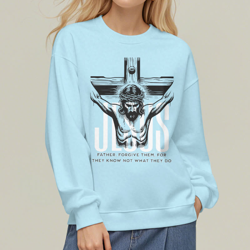 Christianartworkshop Classic Style Father Forgive Them Crucifix Fleece Lined Polyester Sweatshirt