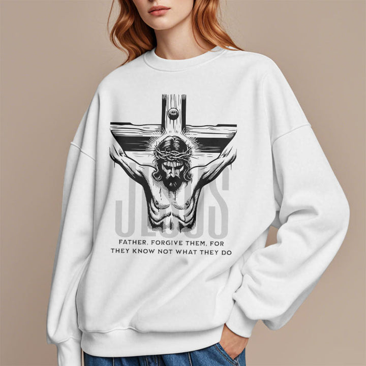 Christianartworkshop Classic Style Father Forgive Them Crucifix Fleece Lined Polyester Sweatshirt