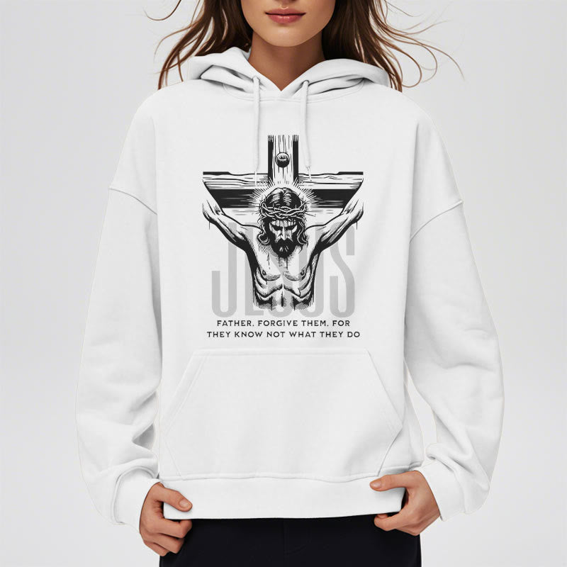 Christianartworkshop Classic Style Father Forgive Them Crucifix Fleece Lined Polyester Hoodie