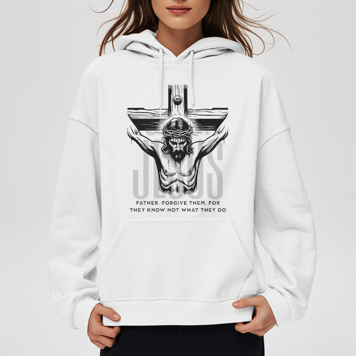 Christianartworkshop Classic Style Father Forgive Them Crucifix Fleece Lined Polyester Hoodie