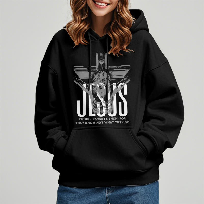 Christianartworkshop Classic Style Father Forgive Them Crucifix Fleece Lined Polyester Hoodie