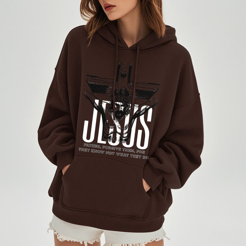 Christianartworkshop Classic Style Father Forgive Them Crucifix Fleece Lined Polyester Hoodie