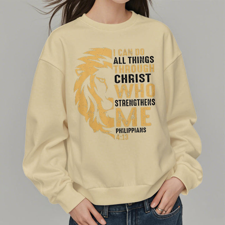 Christianartworkshop Quotation Style Christ Strengthens Me Fleece Lined Polyester Sweatshirt