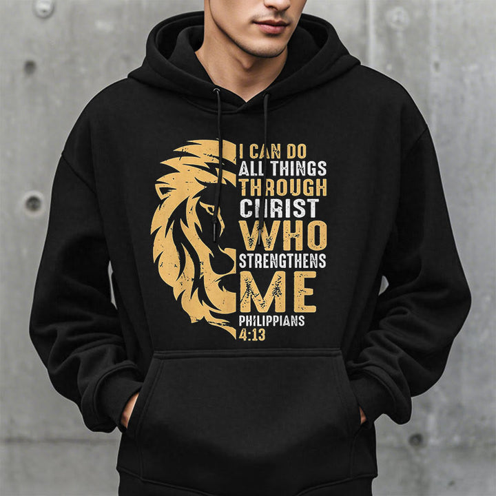 Christianartworkshop Quotation Style Christ Strengthens Me Fleece Lined Polyester Hoodie