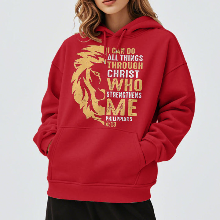 Christianartworkshop Quotation Style Christ Strengthens Me Fleece Lined Polyester Hoodie