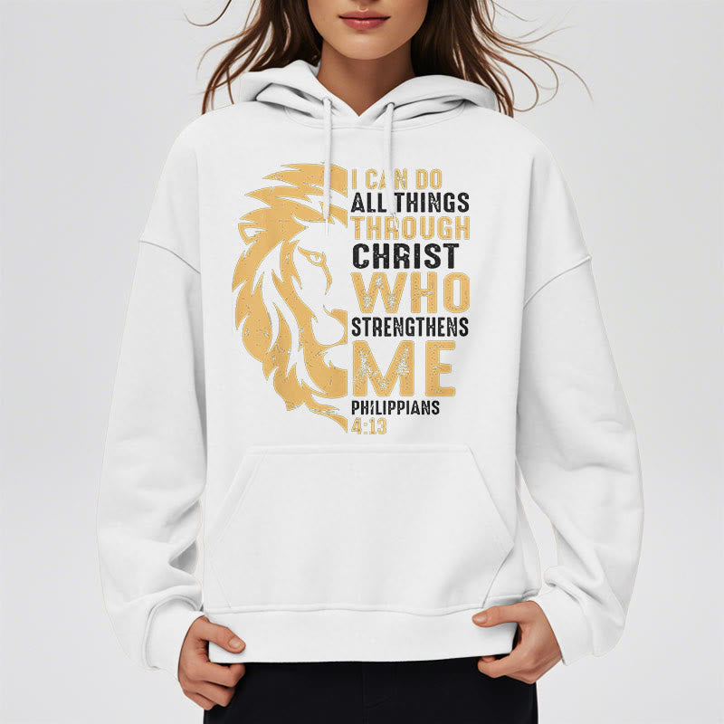 Christianartworkshop Quotation Style Christ Strengthens Me Fleece Lined Polyester Hoodie