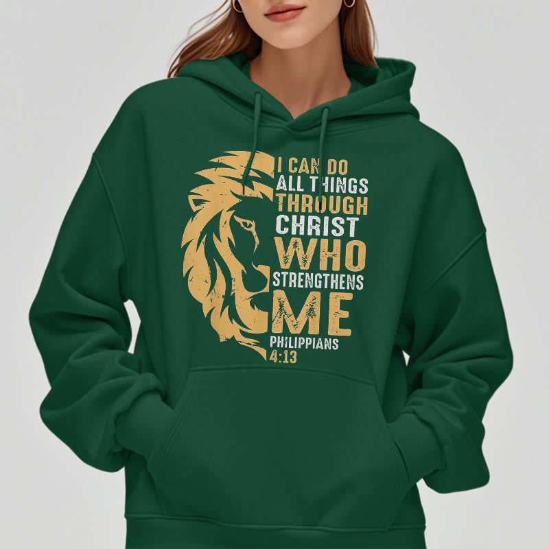 Christianartworkshop Quotation Style Christ Strengthens Me Fleece Lined Polyester Hoodie