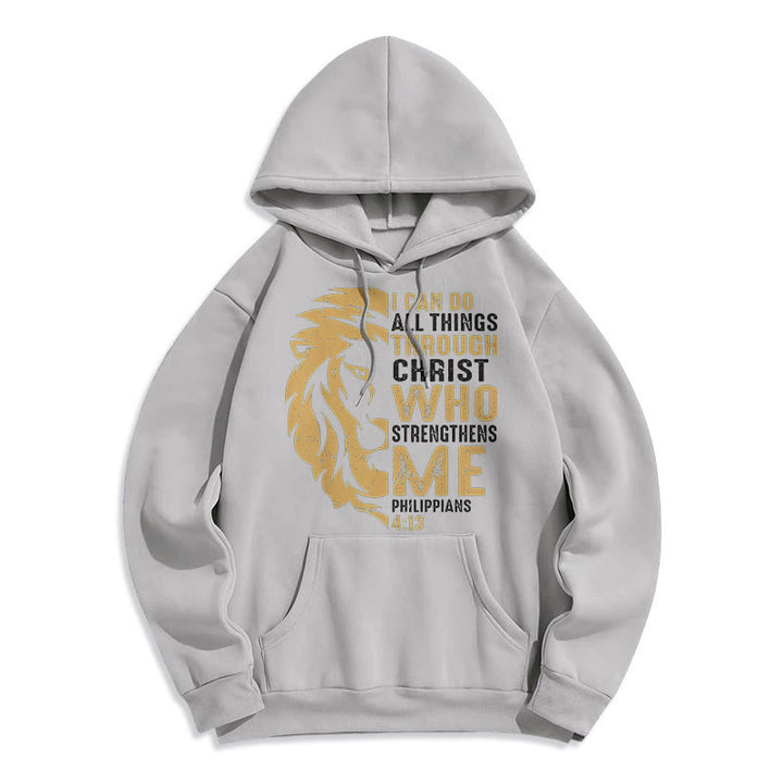 Christianartworkshop Quotation Style Christ Strengthens Me Fleece Lined Polyester Hoodie