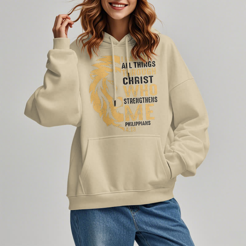 Christianartworkshop Quotation Style Christ Strengthens Me Fleece Lined Polyester Hoodie