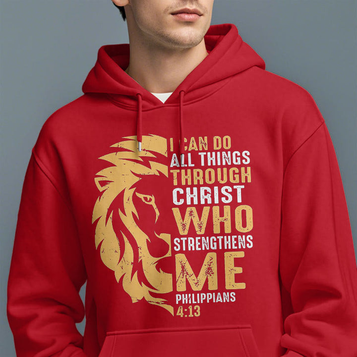 Christianartworkshop Quotation Style Christ Strengthens Me Fleece Lined Polyester Hoodie