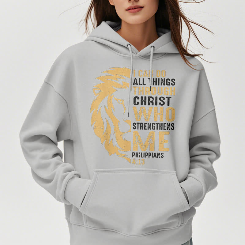 Christianartworkshop Quotation Style Christ Strengthens Me Fleece Lined Polyester Hoodie