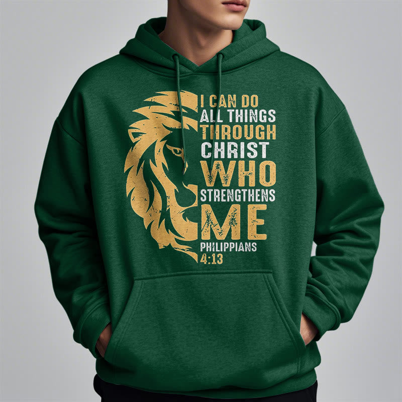 Christianartworkshop Quotation Style Christ Strengthens Me Fleece Lined Polyester Hoodie