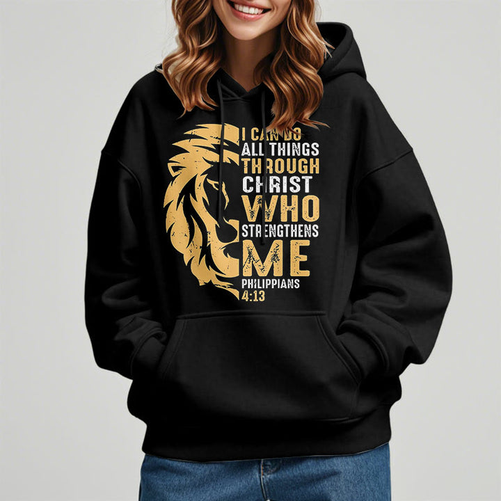 Christianartworkshop Quotation Style Christ Strengthens Me Fleece Lined Polyester Hoodie