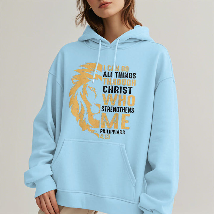 Christianartworkshop Quotation Style Christ Strengthens Me Fleece Lined Polyester Hoodie