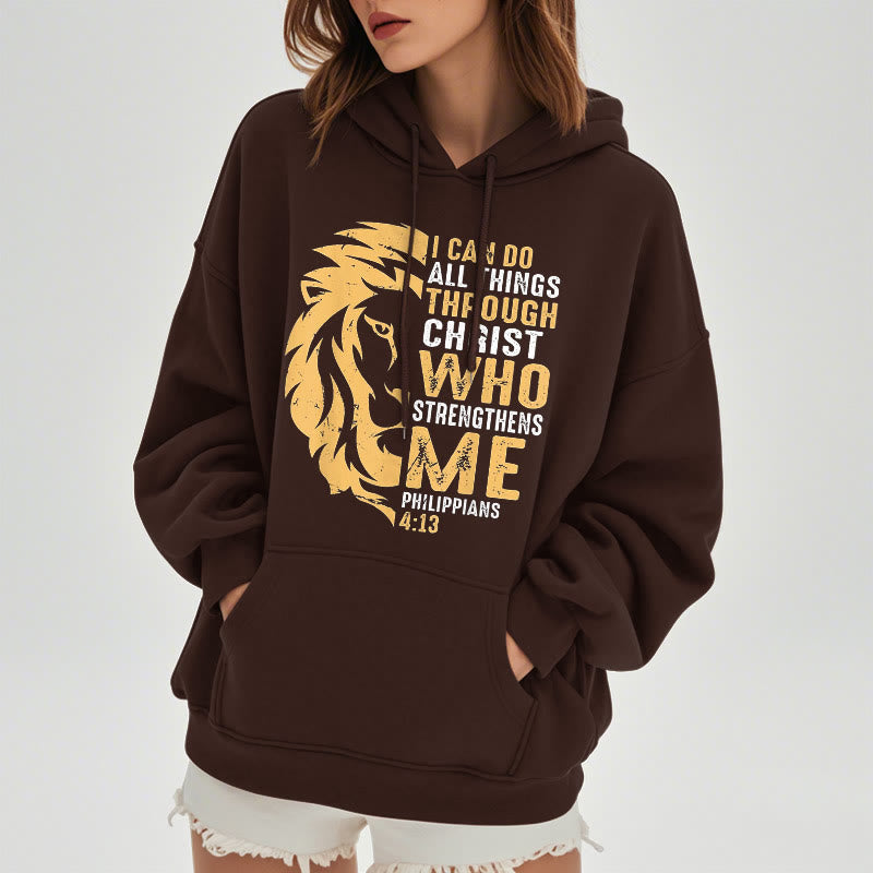 Christianartworkshop Quotation Style Christ Strengthens Me Fleece Lined Polyester Hoodie