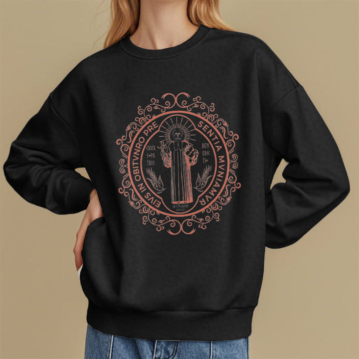 Christianartworkshop Classic Style Floral St. Benedict Embelm Fleece Lined Polyester Sweatshirt