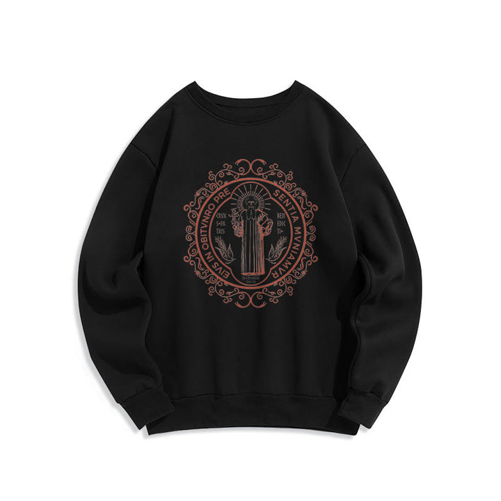 Christianartworkshop Classic Style Floral St. Benedict Embelm Fleece Lined Polyester Sweatshirt - Black - 2XL - image 0