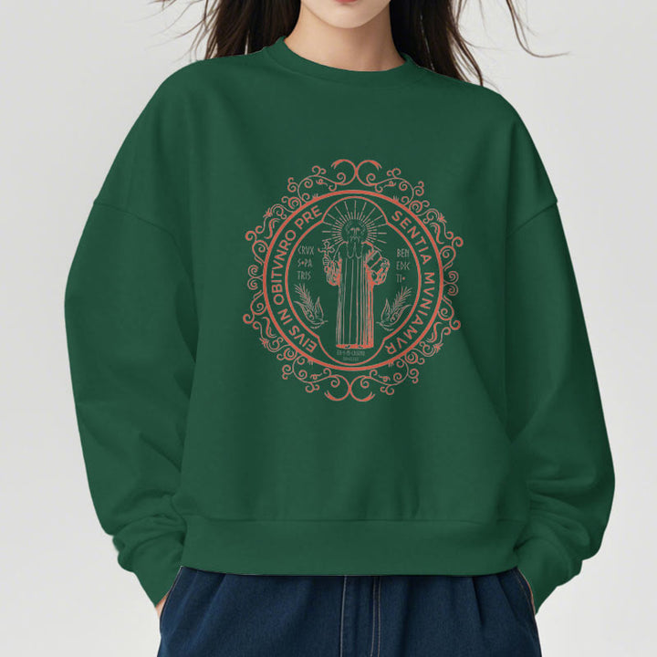 Christianartworkshop Classic Style Floral St. Benedict Embelm Fleece Lined Polyester Sweatshirt