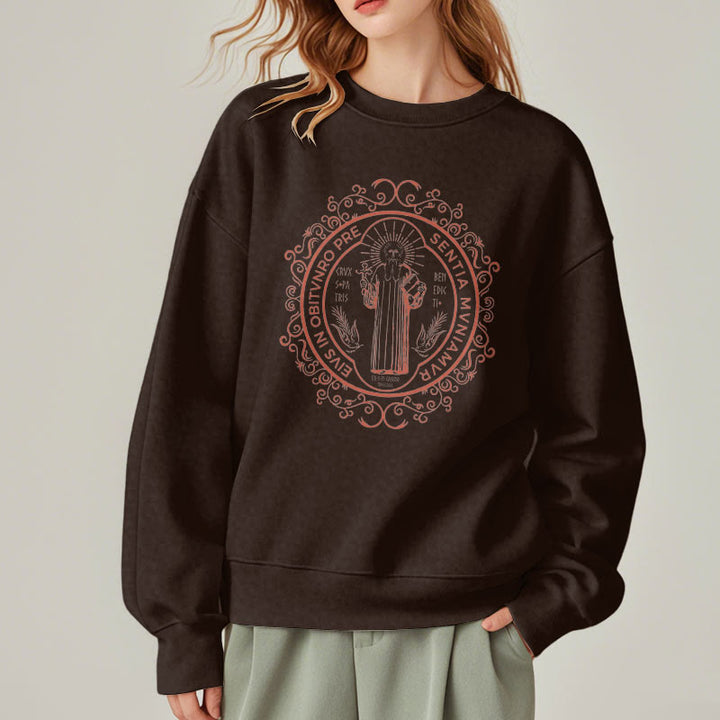 Christianartworkshop Classic Style Floral St. Benedict Embelm Fleece Lined Polyester Sweatshirt