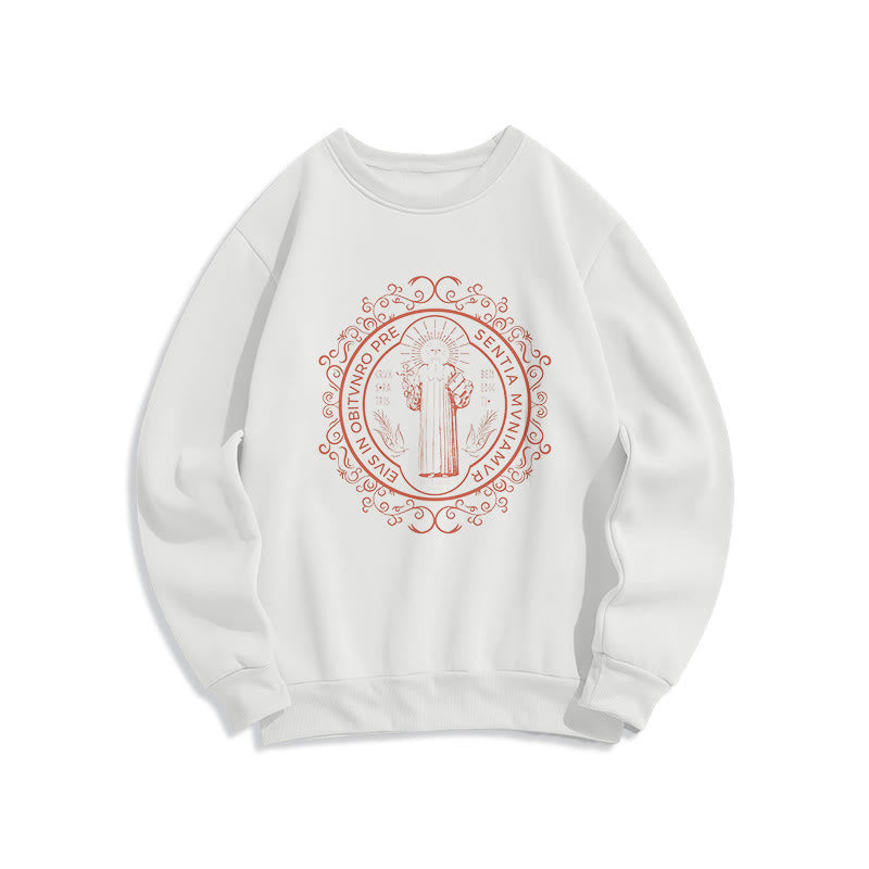 Christianartworkshop Classic Style Floral St. Benedict Embelm Fleece Lined Polyester Sweatshirt - White - 2XL - image 5