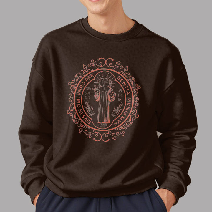 Christianartworkshop Classic Style Floral St. Benedict Embelm Fleece Lined Polyester Sweatshirt