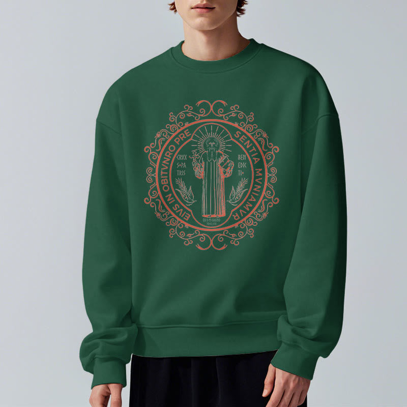 Christianartworkshop Classic Style Floral St. Benedict Embelm Fleece Lined Polyester Sweatshirt