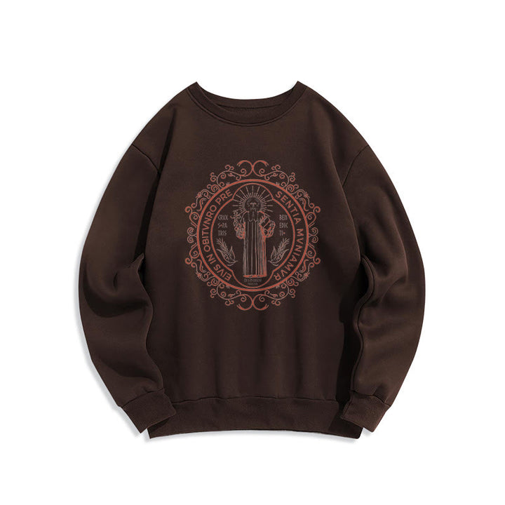 Christianartworkshop Classic Style Floral St. Benedict Embelm Fleece Lined Polyester Sweatshirt