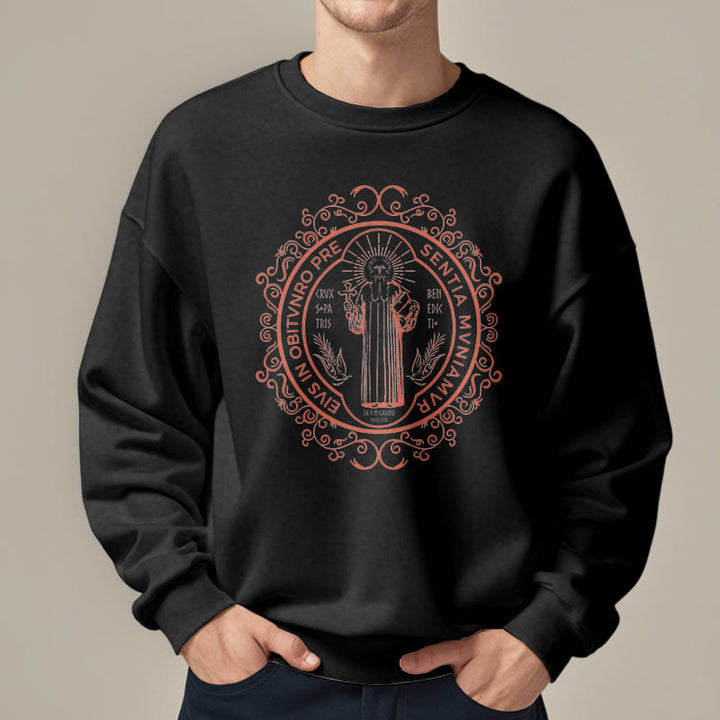 Christianartworkshop Classic Style Floral St. Benedict Embelm Fleece Lined Polyester Sweatshirt